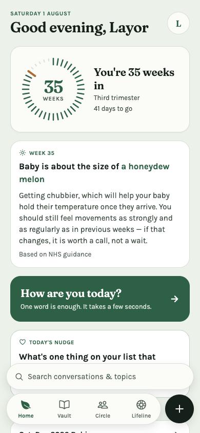 The mumbuddie home screen — how many weeks in, this week's update, and a daily check-in.