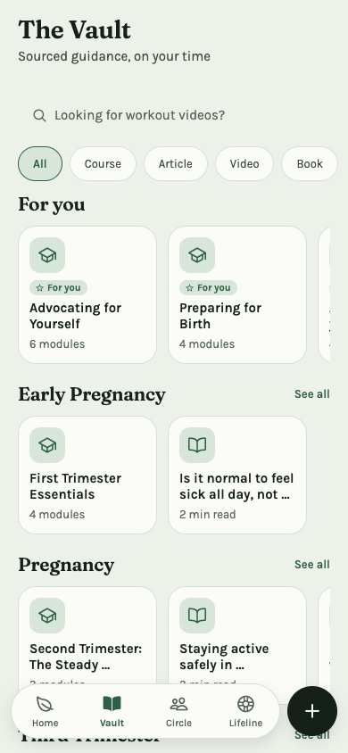 The Vault — sourced pregnancy and postpartum guidance, grouped by topic.